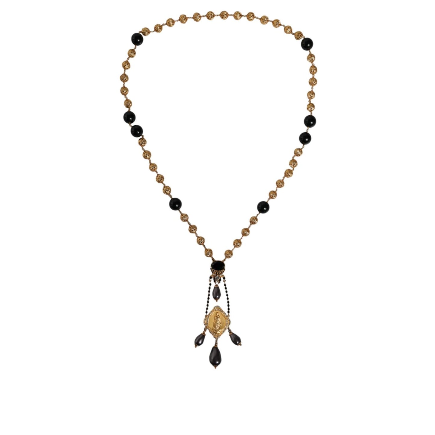 Dolce & Gabbana Gold Chain Brass Black Beaded Rosary Style Necklace