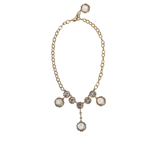 Dolce & Gabbana Gold Chain Brass Crystal Clock Statement Necklace Necklace