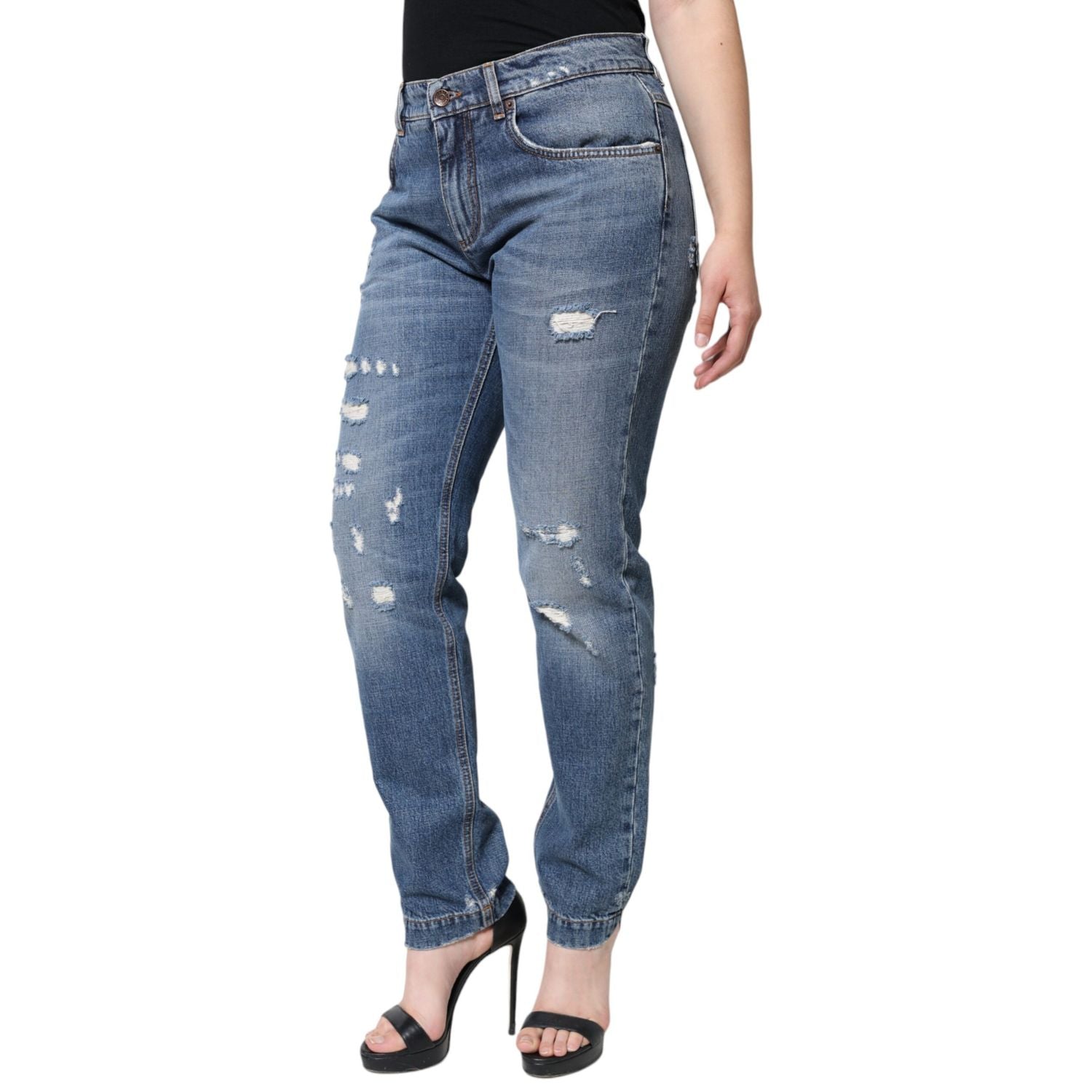Dolce & Gabbana Blue Cotton Tattered Boyfriend Denim Jeans