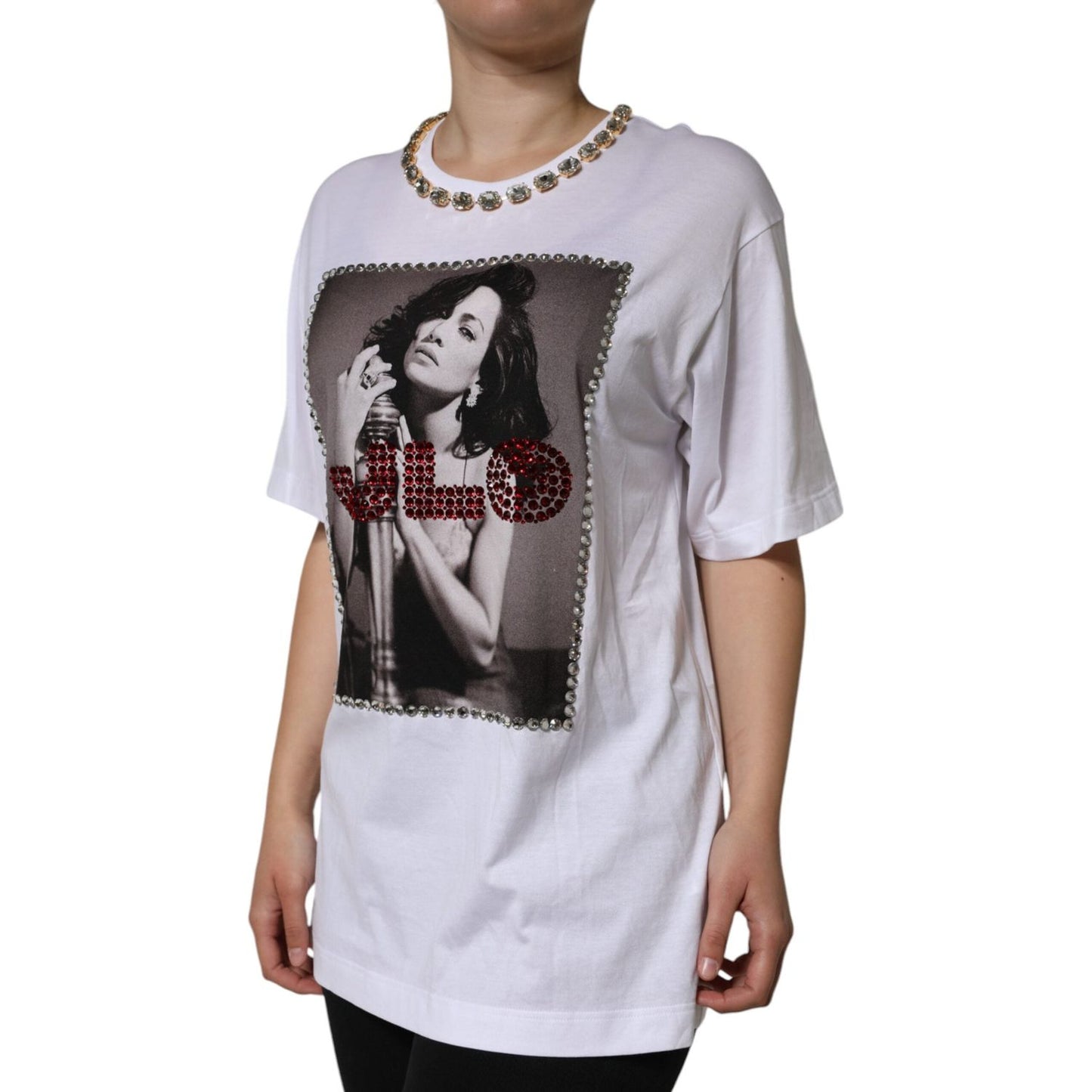 Dolce & Gabbana White Crystal Neckline Embellished Printed T-shirt TSH84252-36