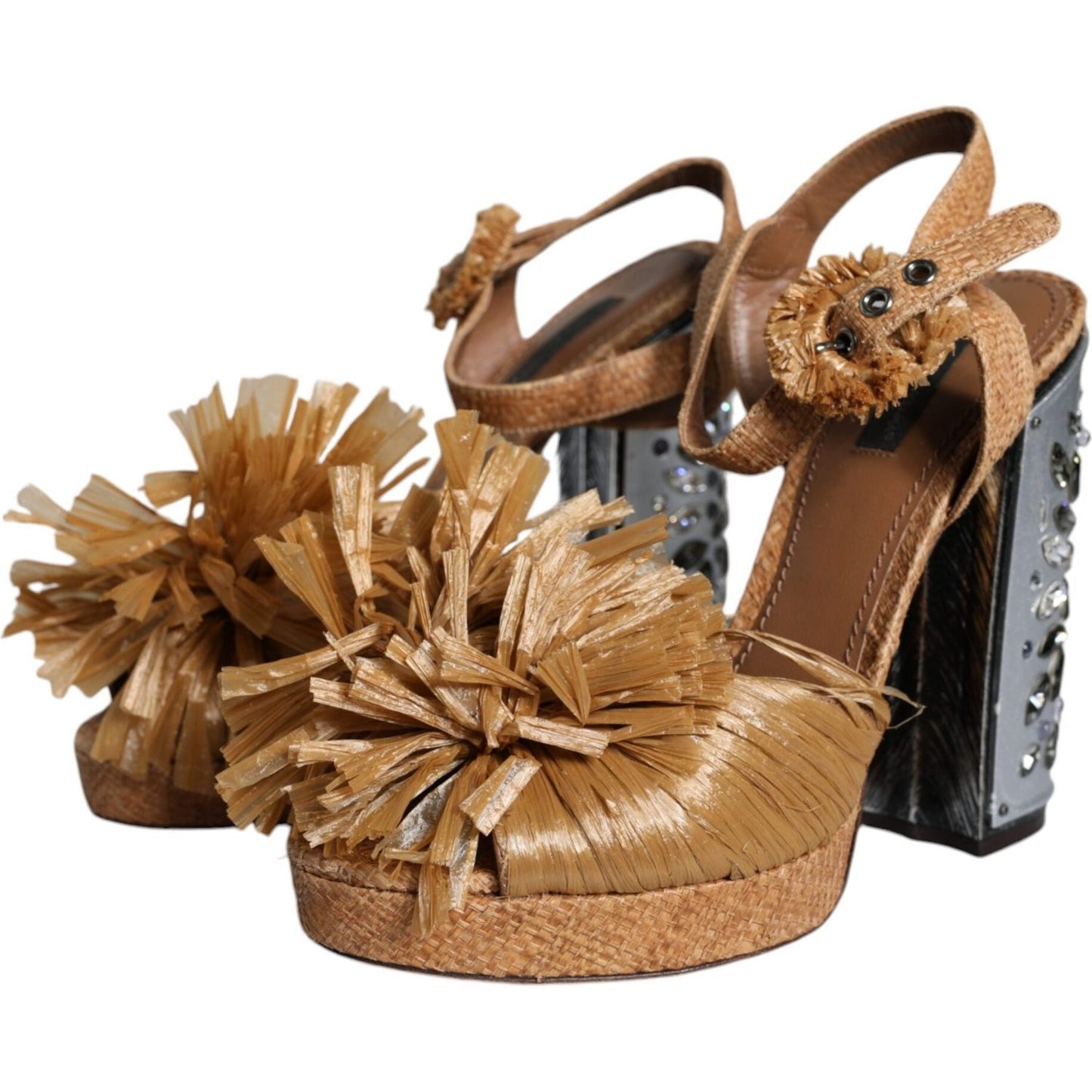 Dolce & Gabbana Brown Raffia Ankle Strap Crystal Sandals Shoes LA11662-40