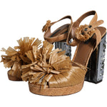Dolce & Gabbana Brown Raffia Ankle Strap Crystal Sandals Shoes LA11662-40