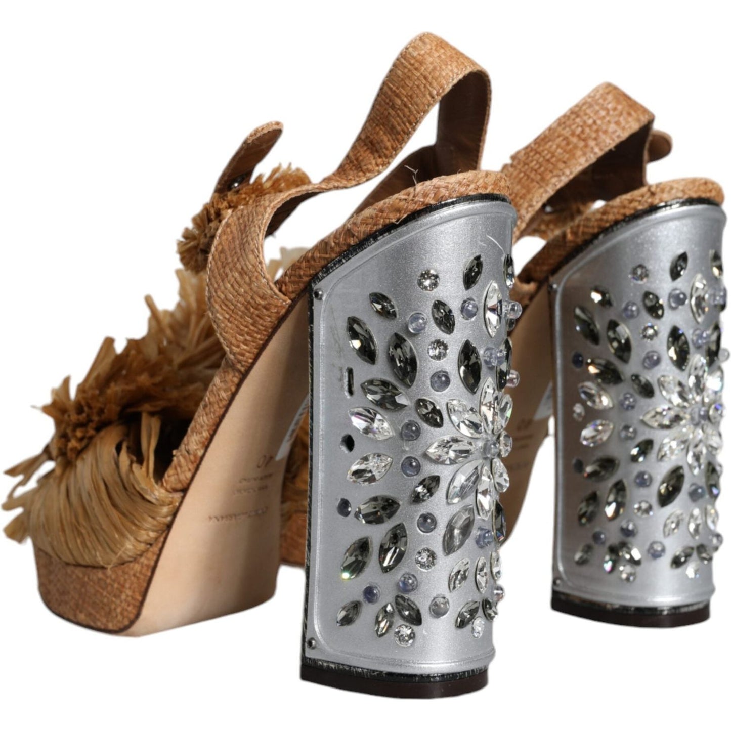 Dolce & Gabbana Brown Raffia Ankle Strap Crystal Sandals Shoes LA11662-40