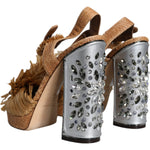 Dolce & Gabbana Brown Raffia Ankle Strap Crystal Sandals Shoes LA11662-40