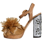 Dolce & Gabbana Brown Raffia Ankle Strap Crystal Sandals Shoes LA11662-40