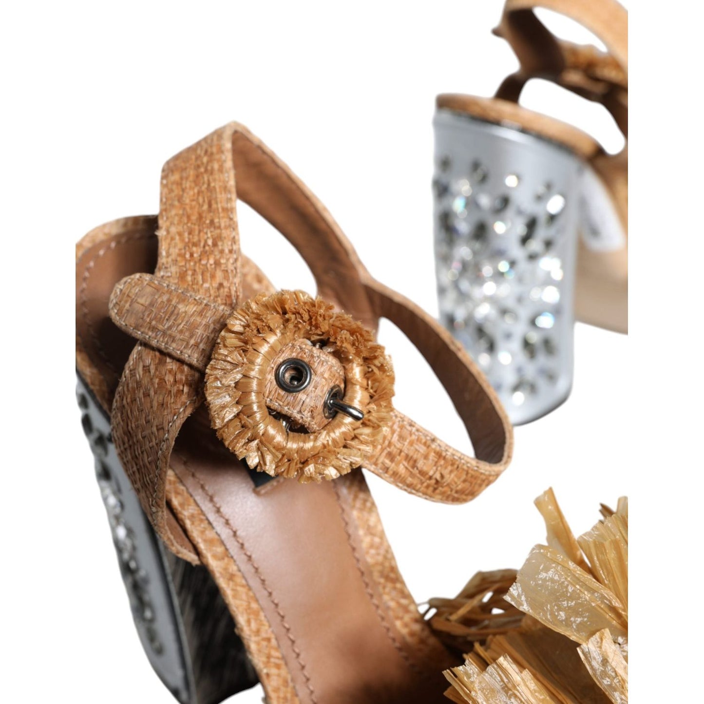 Dolce & Gabbana Brown Raffia Ankle Strap Crystal Sandals Shoes LA11662-40
