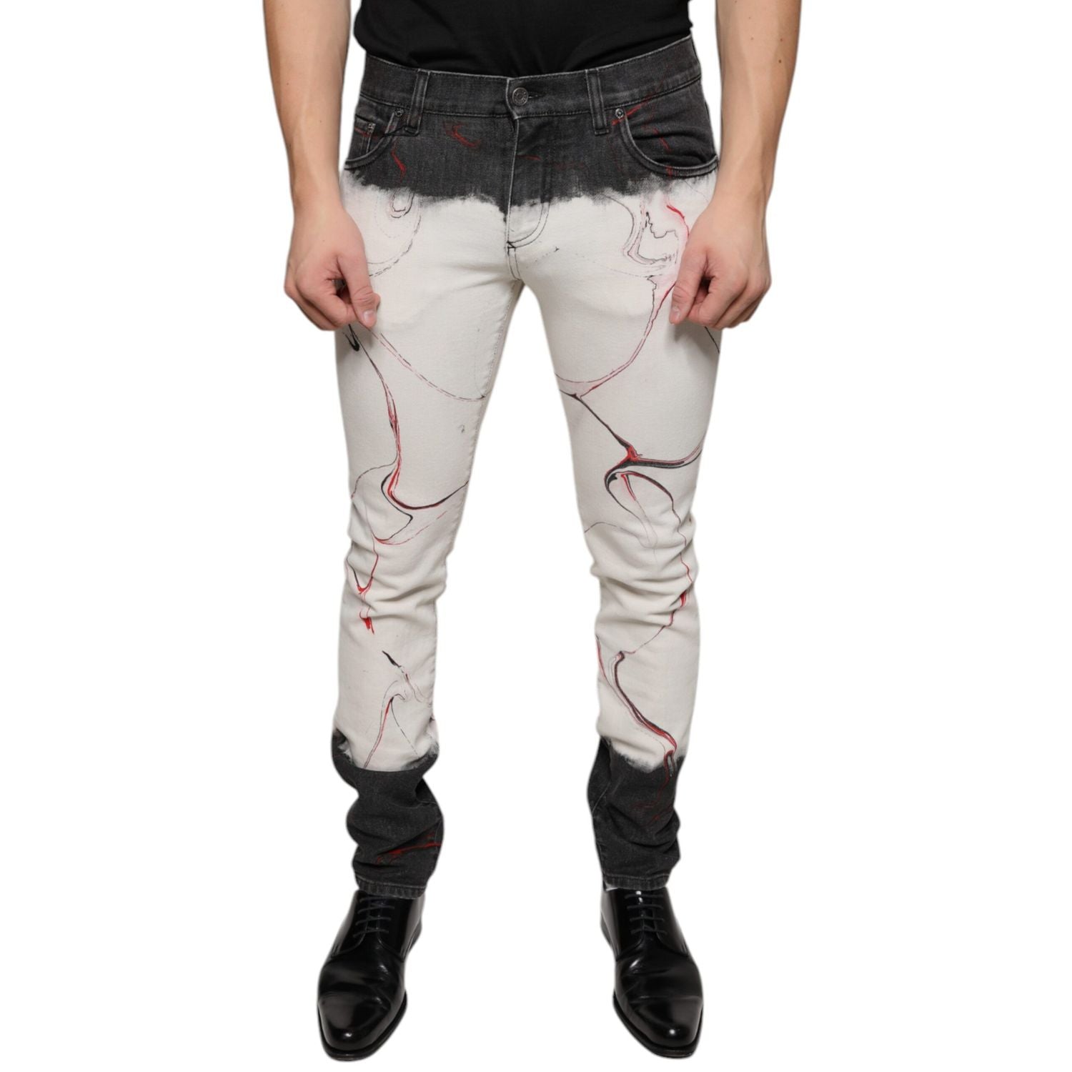 Dolce & Gabbana Black White Printed Skinny Men Denim Jeans