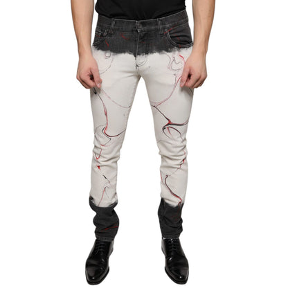 Dolce & Gabbana Black White Printed Skinny Men Denim Jeans
