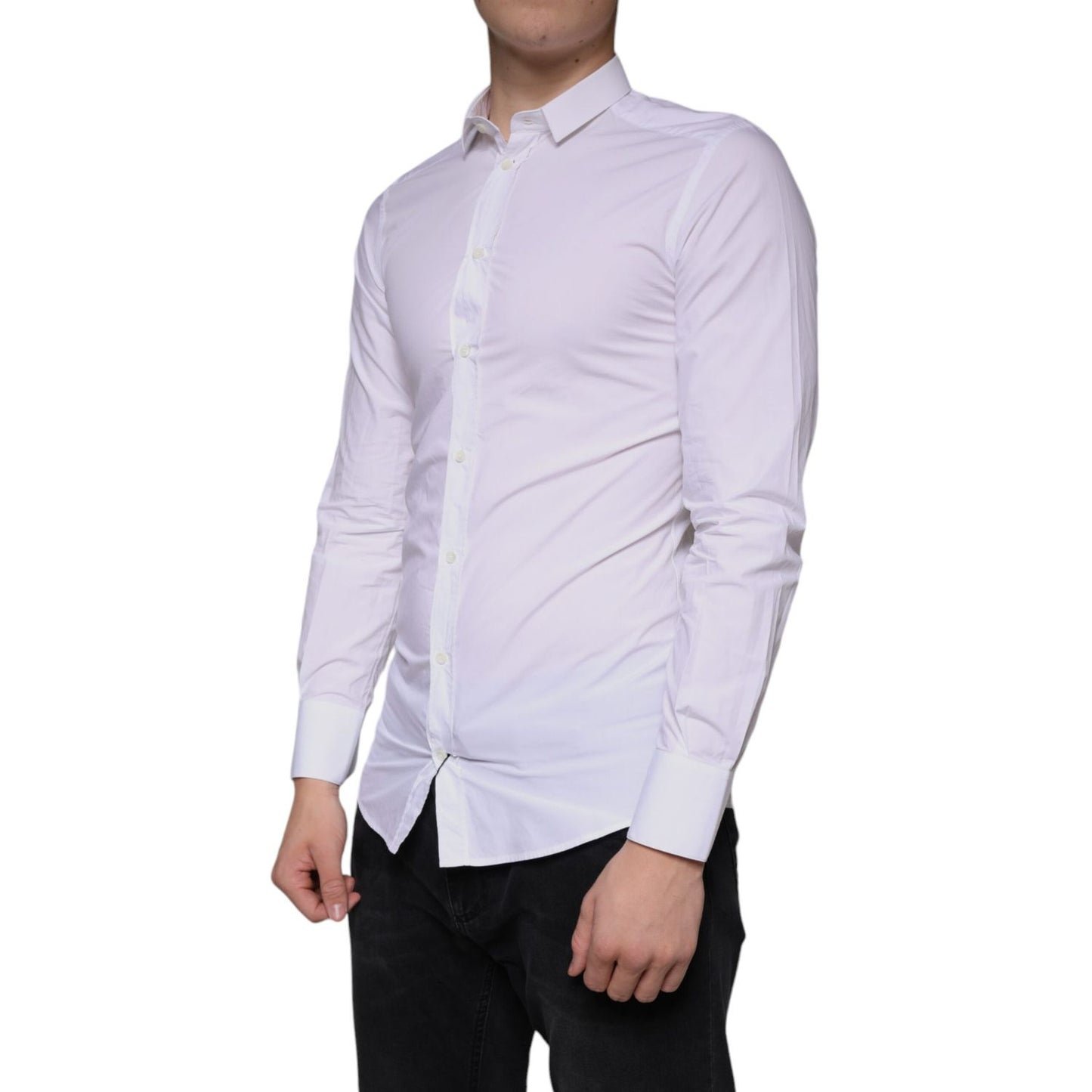 Dolce & Gabbana White Cotton Dress GOLD Formal Collared Shirt