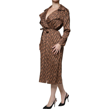 Ballantyne Brown Printed Long Sleeves V-neck Wrap Midi Dress