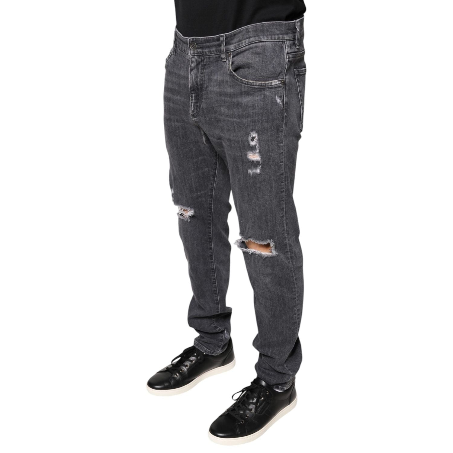 Dolce & Gabbana Dark Gray Tattered Cotton Skinny Denim Jeans
