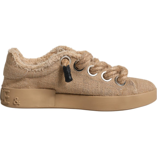 Dolce & Gabbana Brown Jute Fabric Low Top Men Sneakers Shoes MV6384-39