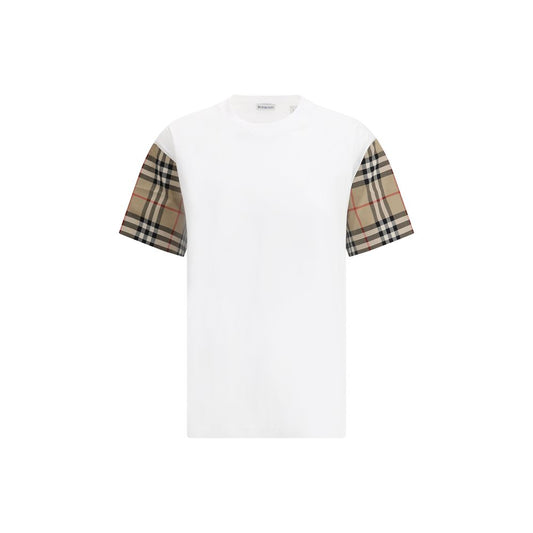Burberry White Cotton T-Shirt with Check Archive sleeves, iconic style and comfort.