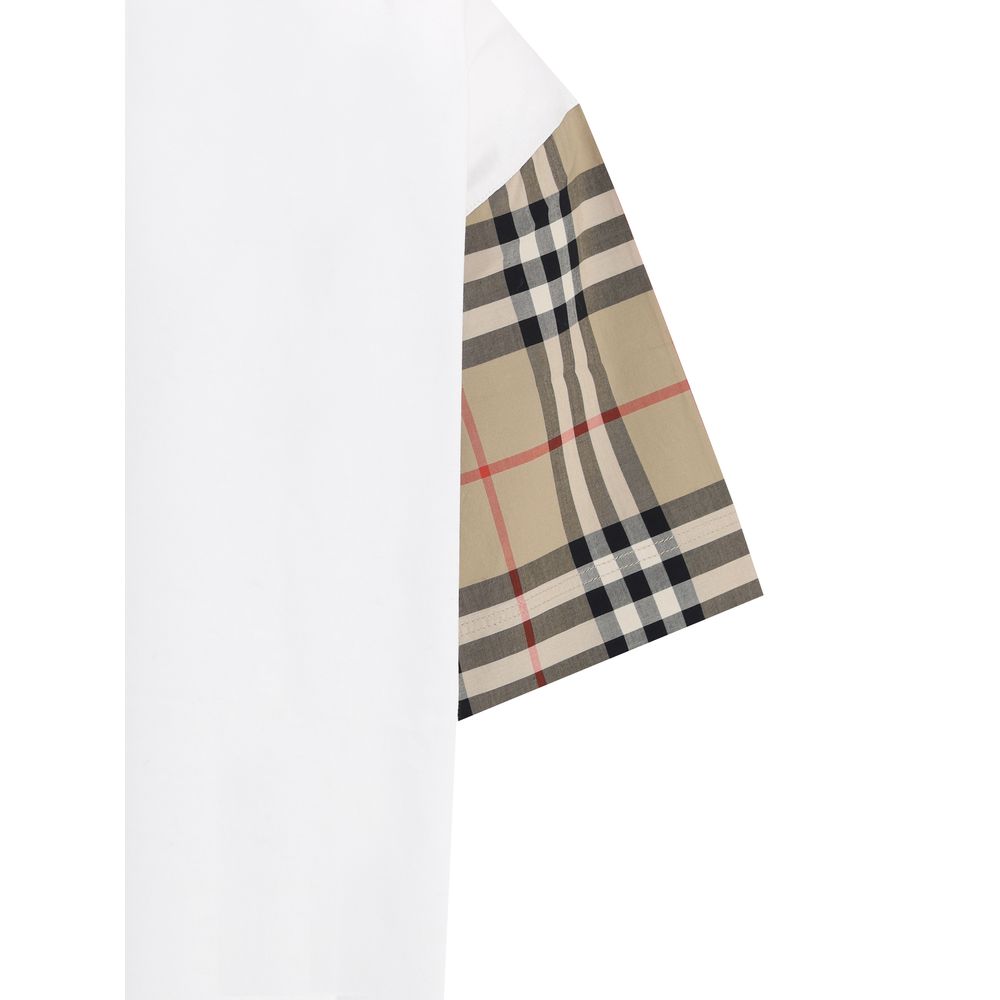 Side view of Burberry White Cotton T-Shirt with iconic Archivio Check patterned sleeve design.