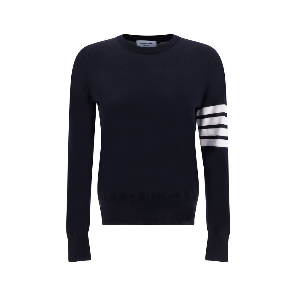 Thom Browne Gray Fleece Wool Sweatshirt with ribbed crew neck and iconic horizontal stripes on left arm, slim fit design.