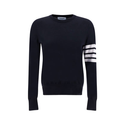 Thom Browne Gray Fleece Wool Sweatshirt with ribbed crew neck and iconic horizontal stripes on left arm, slim fit design.