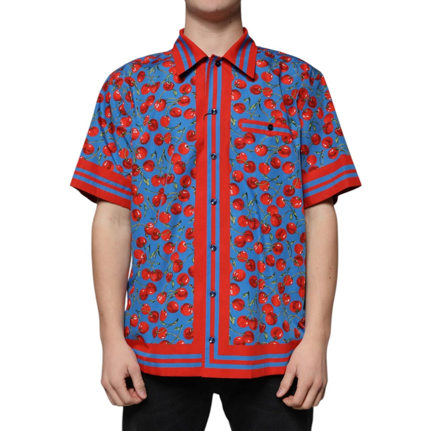 Dolce & Gabbana Blue Cherry Cotton Button Down Casual Shirt