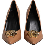 Versace Brown Leather Logo Plaque High Heels Pumps Shoes LA12126-37