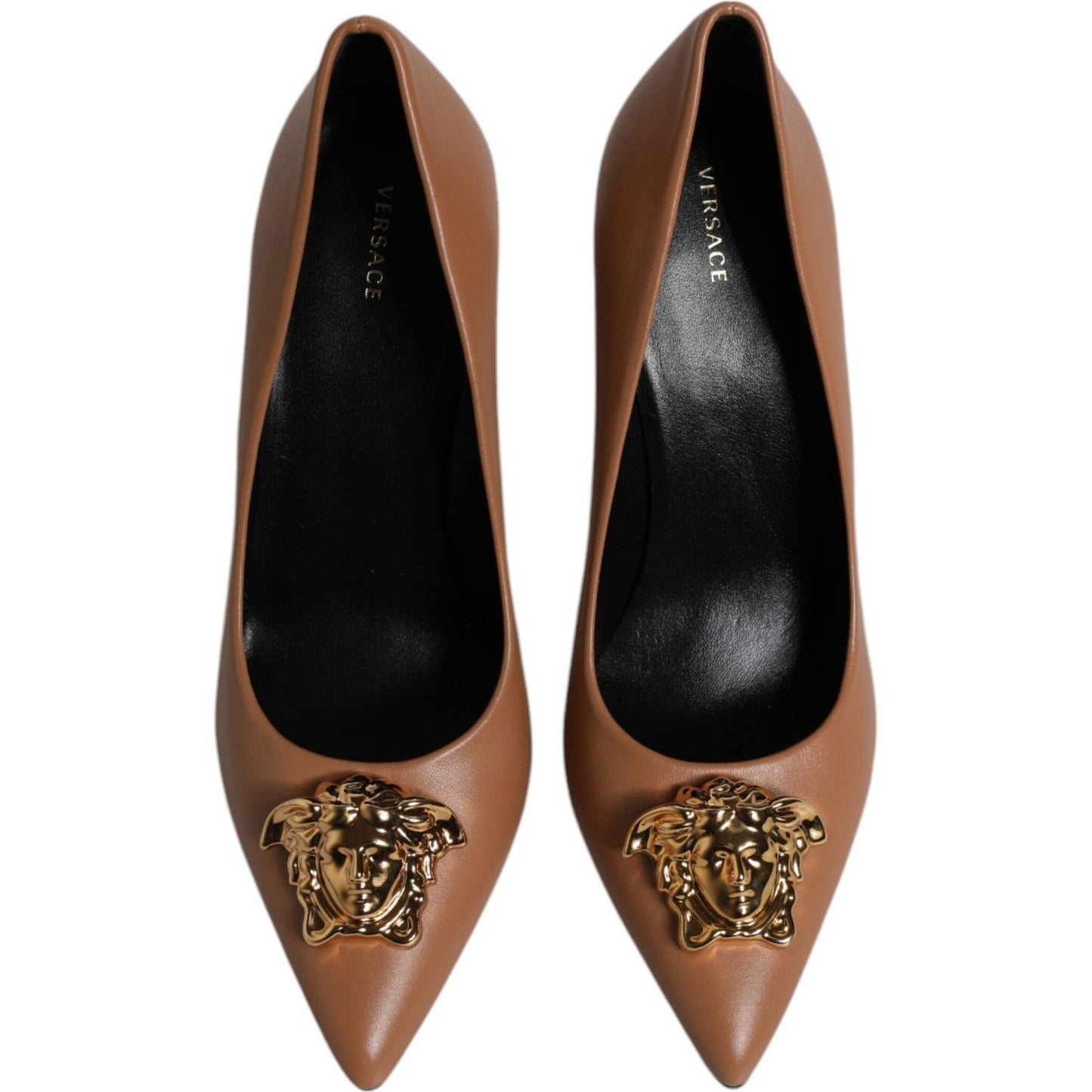 Versace Brown Leather Logo Plaque High Heels Pumps Shoes LA12126-37
