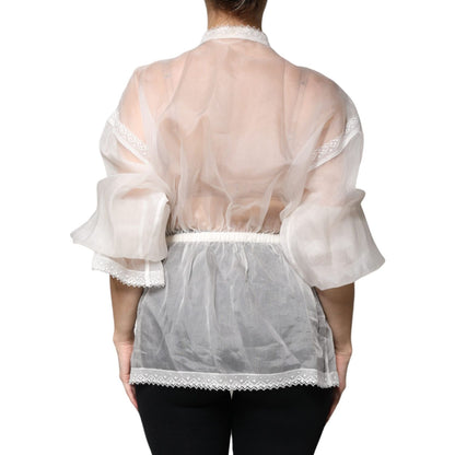 Dolce & Gabbana White Ascot Collar Long Sleeves Blouse Top