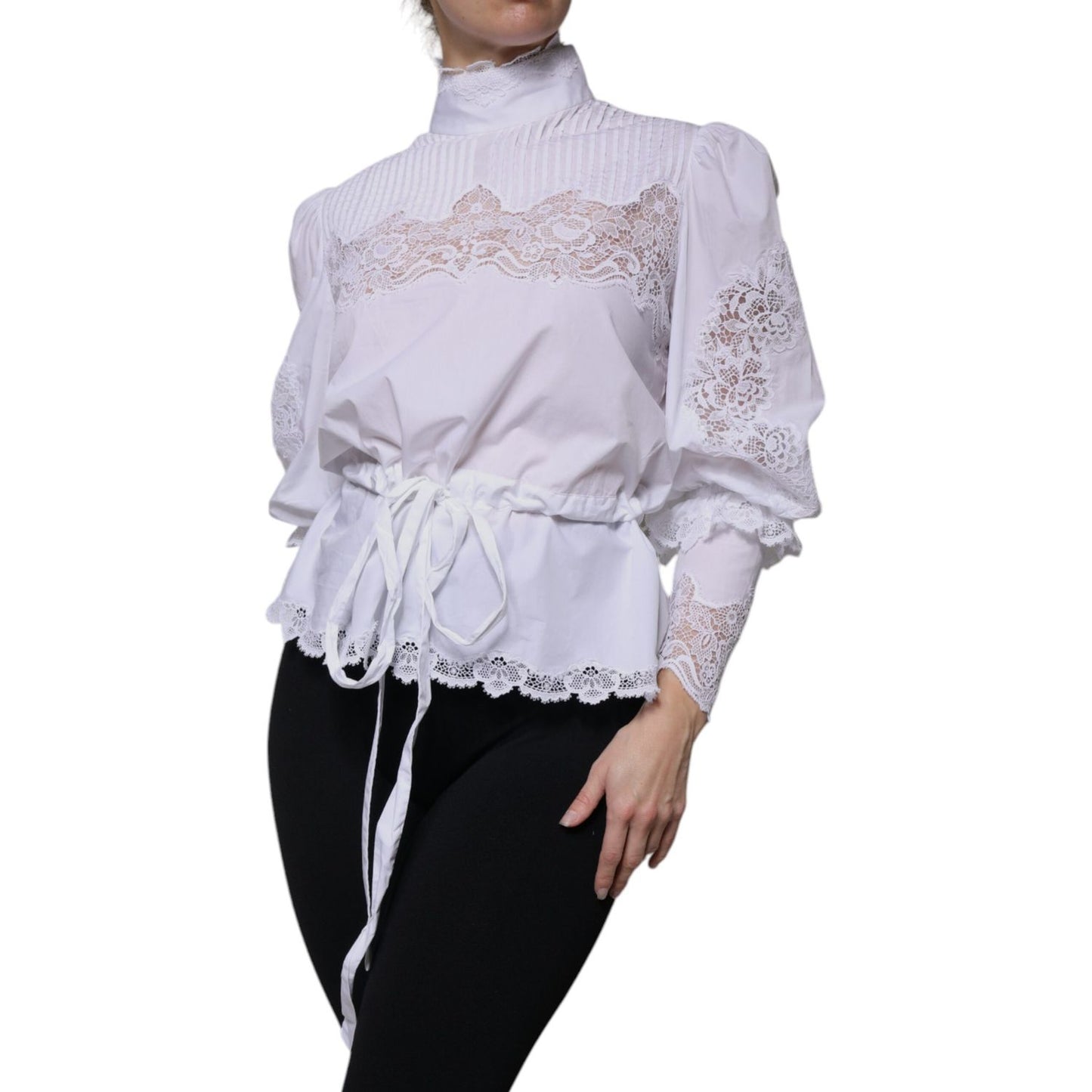 Dolce & Gabbana White Cotton Lace Trim Turtleneck Blouse Top