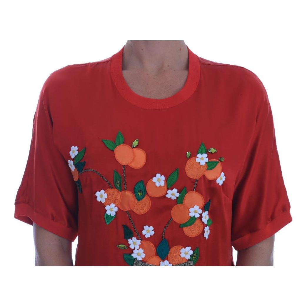 Dolce & Gabbana Red Silk Oranges Floral Crystal Blouse TSH1931-38