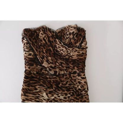 Dolce & Gabbana Brown Leopard Silk Chiffon Ruched Mermaid Maxi Dress