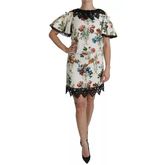 Dolce & Gabbana White Lace Floral Vase Shift Mini Dress