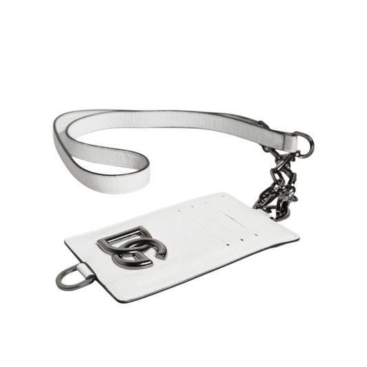 Dolce & Gabbana White Calf Leather Lanyard Logo Card Holder Wallet