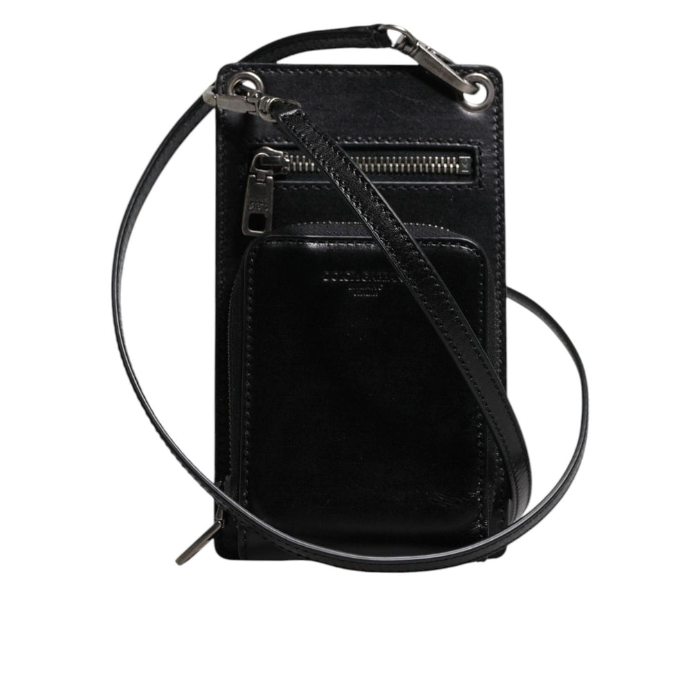Dolce & Gabbana Black Horse Leather Zip Logo Shoulder Neck Strap Wallet