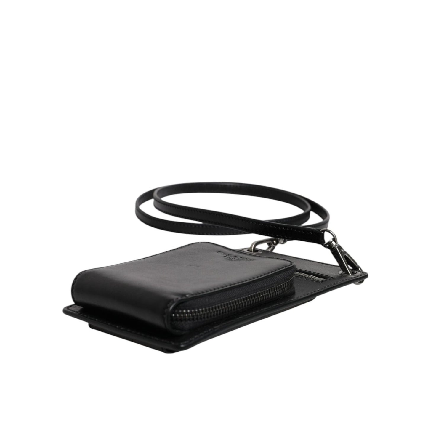 Dolce & Gabbana Black Horse Leather Zip Logo Shoulder Neck Strap Wallet