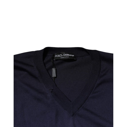 Dolce & Gabbana Navy Blue Silk V-neck Pullover Sweater