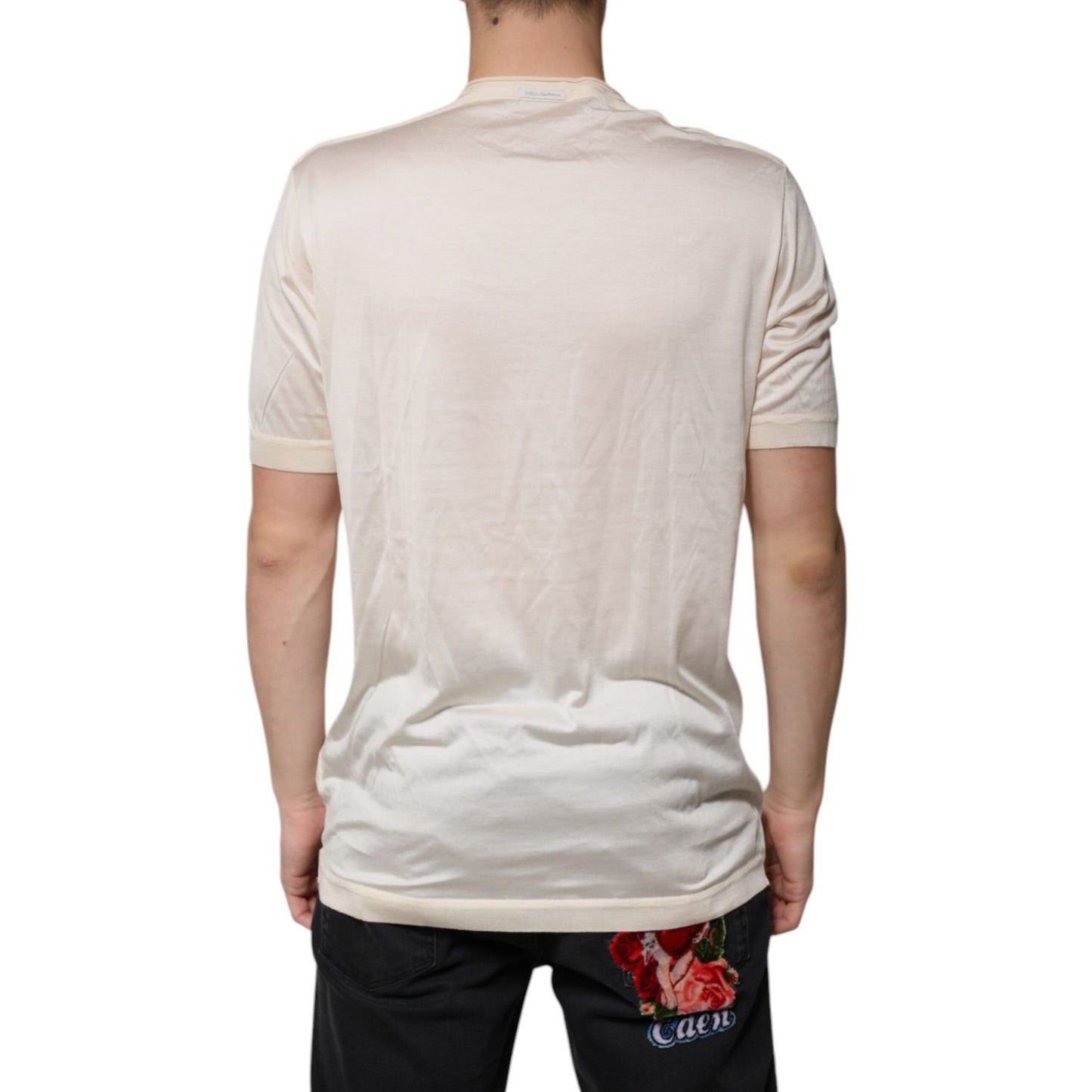 Dolce & Gabbana Off White Silk Crew Neck Henley T-shirt