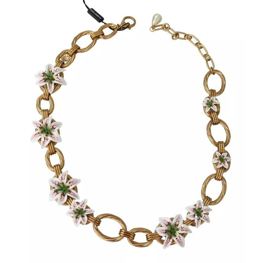 Dolce & Gabbana Gold Brass Oversize Chain LILY Flowers Necklace
