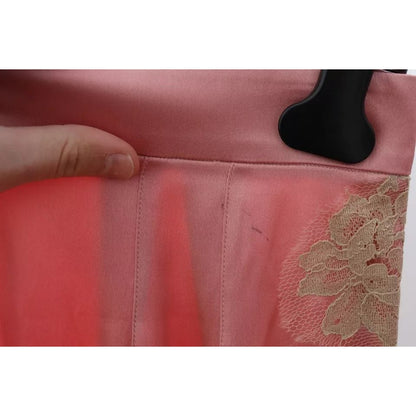 Dolce & Gabbana Pink Lace Trimmed Silk Satin Wide Legs Pants