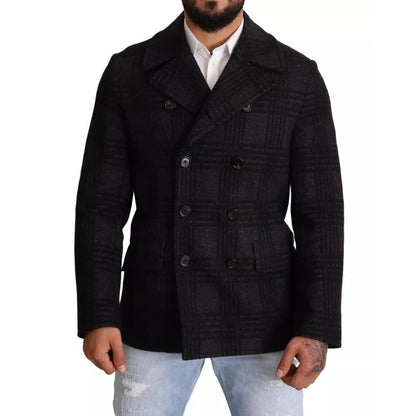 Dolce & Gabbana Black Trench Coat Check Wool Jacket