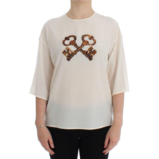 Dolce & Gabbana White Sequined Key Silk Blouse T-shirt Top SIG13197-1