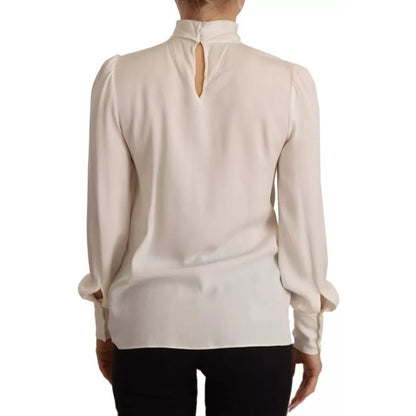 Dolce & Gabbana Off White Silk Long Sleeve Turtle Neck Top