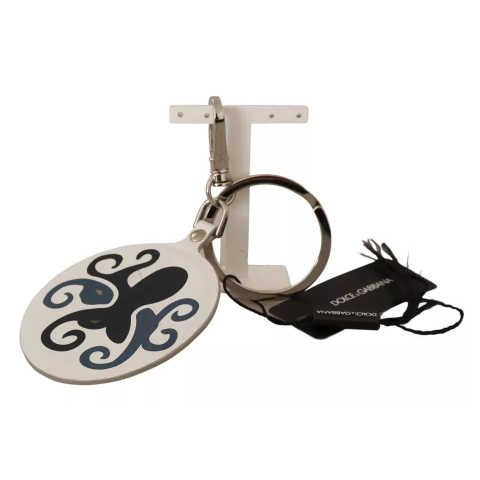 Dolce & Gabbana White Leather Printed Metal Silver Tone Keyring Keychain