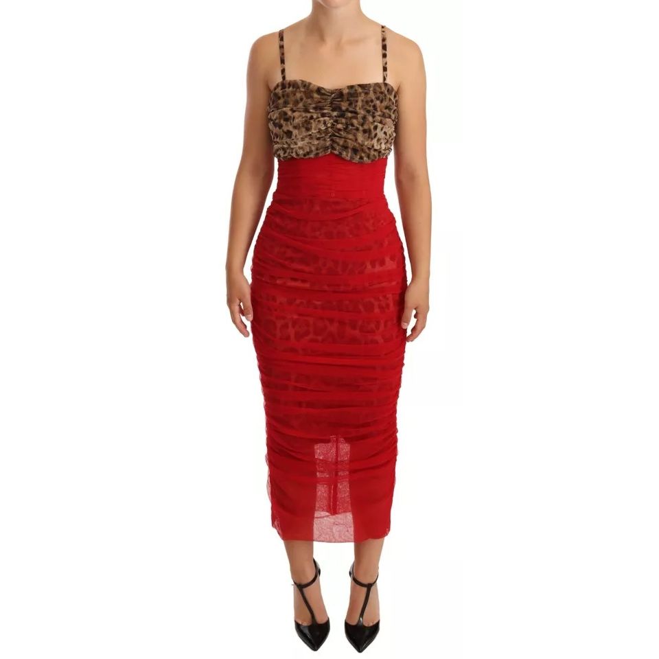 Dolce & Gabbana Brown Leopard Red Tulle Sheath Midi Dress