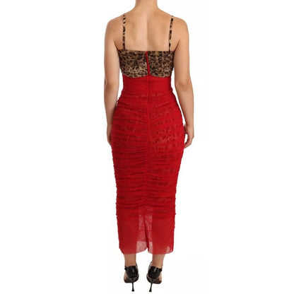 Dolce & Gabbana Brown Leopard Red Tulle Sheath Midi Dress