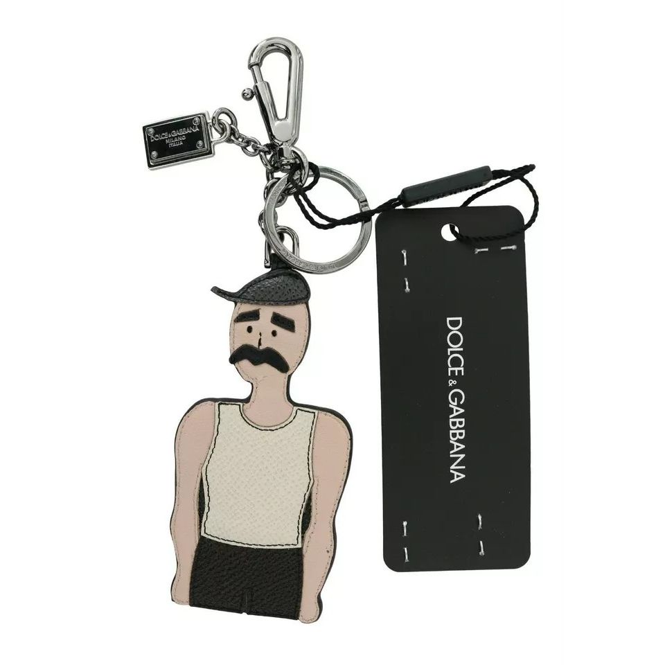 Dolce & Gabbana Black Leather Fisherman Logo Badge Keyring Keychain