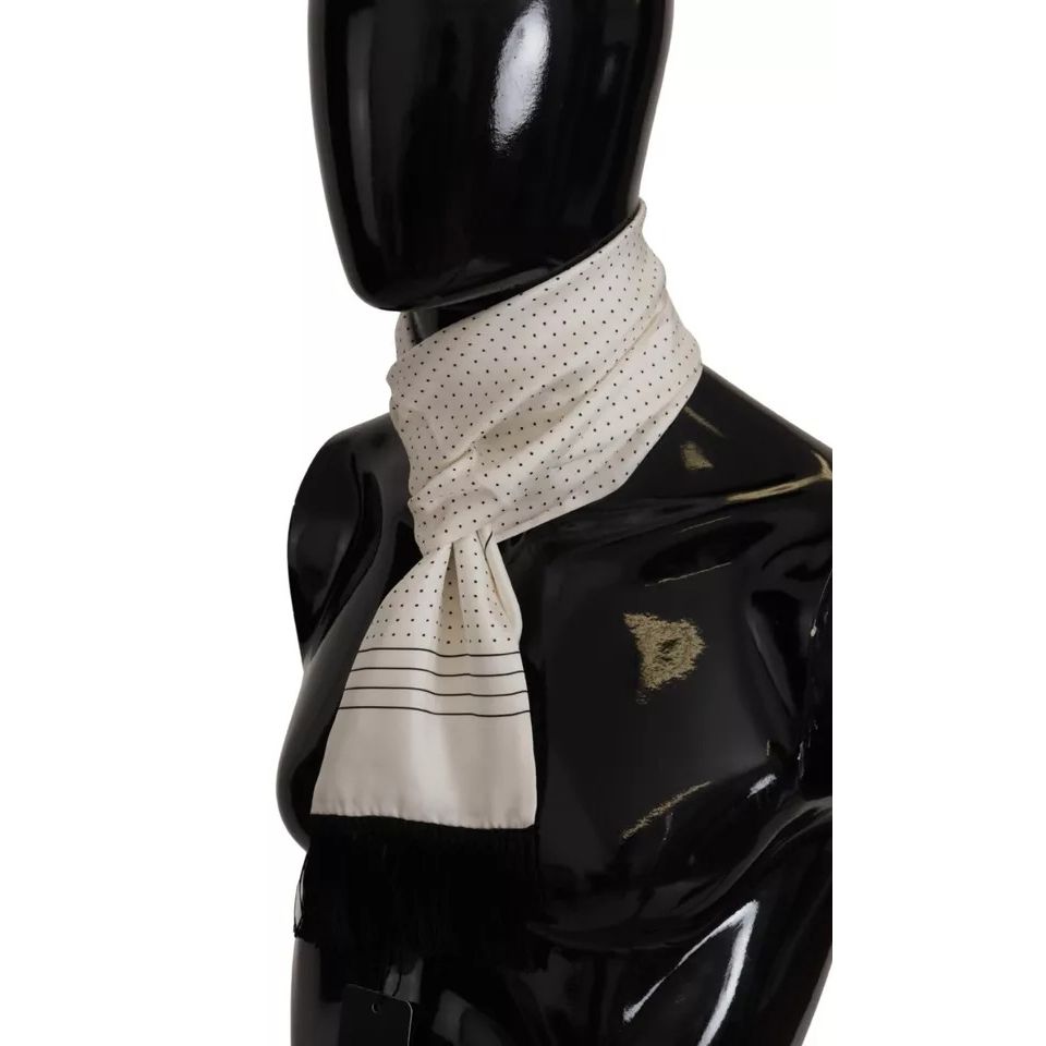 Dolce & Gabbana White Polka Dots Pattern Silk Fringes Wrap Scarf