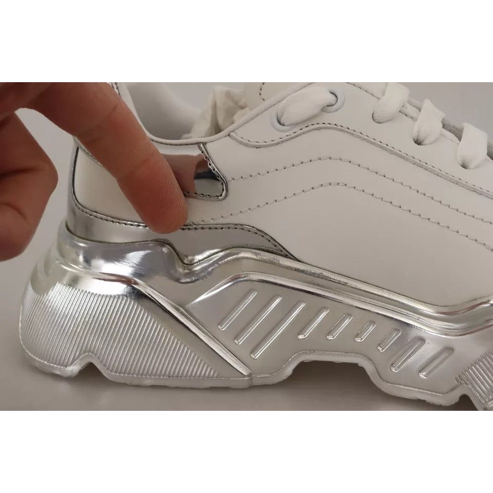 Dolce & Gabbana White Silver Leather Daymaster Sneakers Shoes LA9946-39.5
