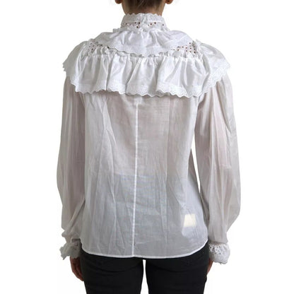Dolce & Gabbana White Cotton Lace Trim Turtle Neck Blouse