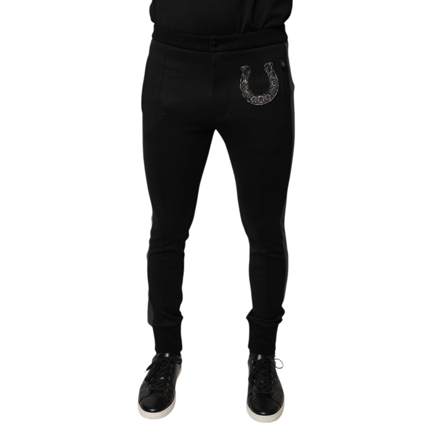Dolce & Gabbana Black Horseshoe Embellished Wool Slim Fit Pants