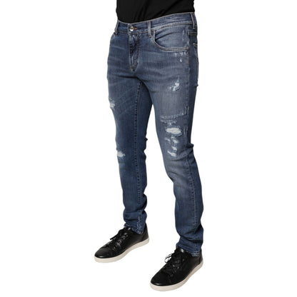 Dolce & Gabbana Blue Tattered Cotton Stretch Skinny Denim Jeans