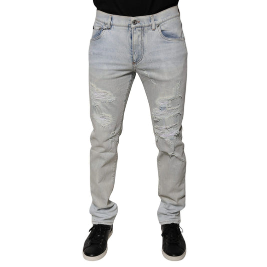 Dolce & Gabbana Light Blue Cotton Blend Tattered Skinny Denim Jeans