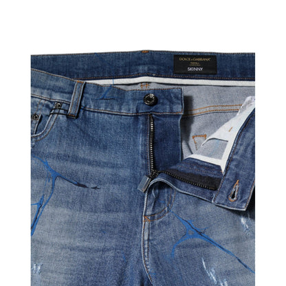 Dolce & Gabbana Blue Cotton Stretch Tattered Skinny Denim Jeans