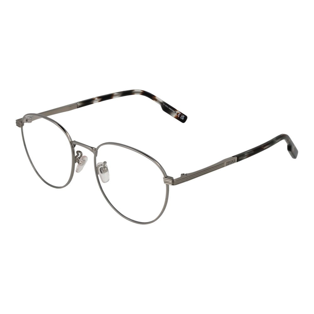 Ermenegildo Zegna Gray Men Glasses Frame in gunmetal, round titanium with plastic demo lenses, full-rim, size 52-19-145.